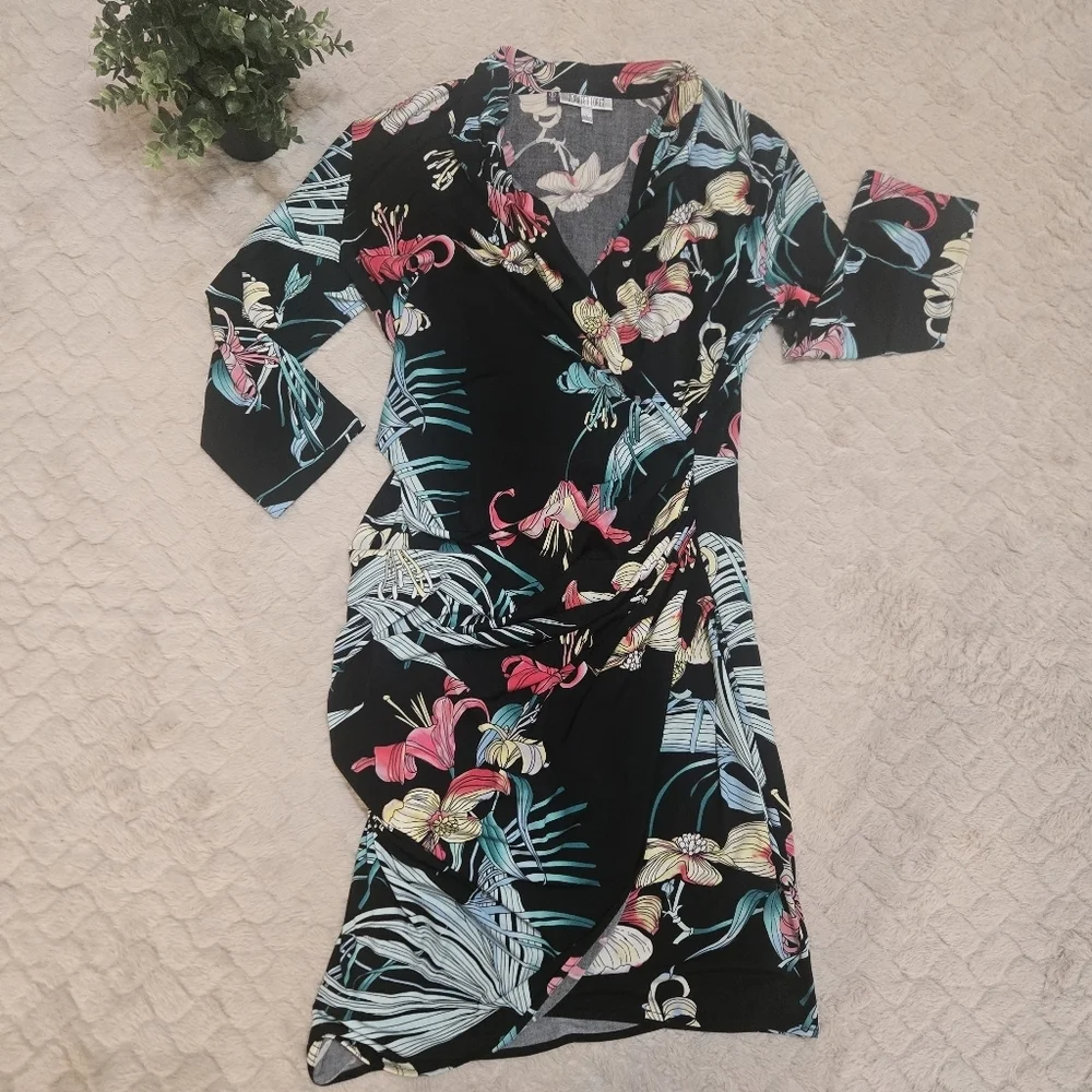 Jennifer Lopez Black Floral Faux-Wrap Fitted Dress, Size Large